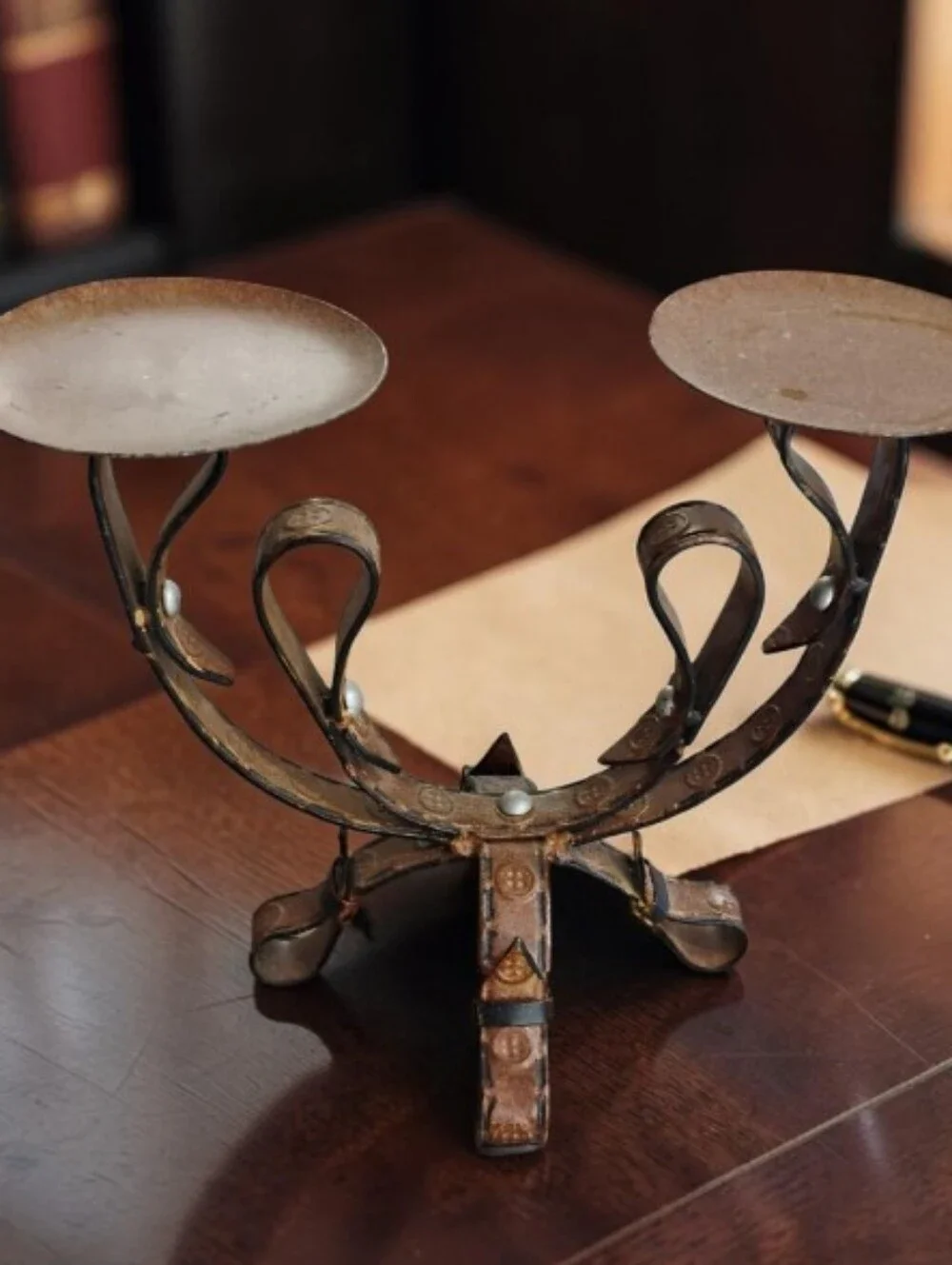 Rustic Metal Iron Work Double Candle Holder - Brown Finishbbutton Texture Detail